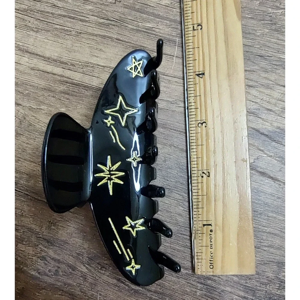 Claw Hair Clip Medium Clamp Black Gold Moon Star Pattern Celestial Z32